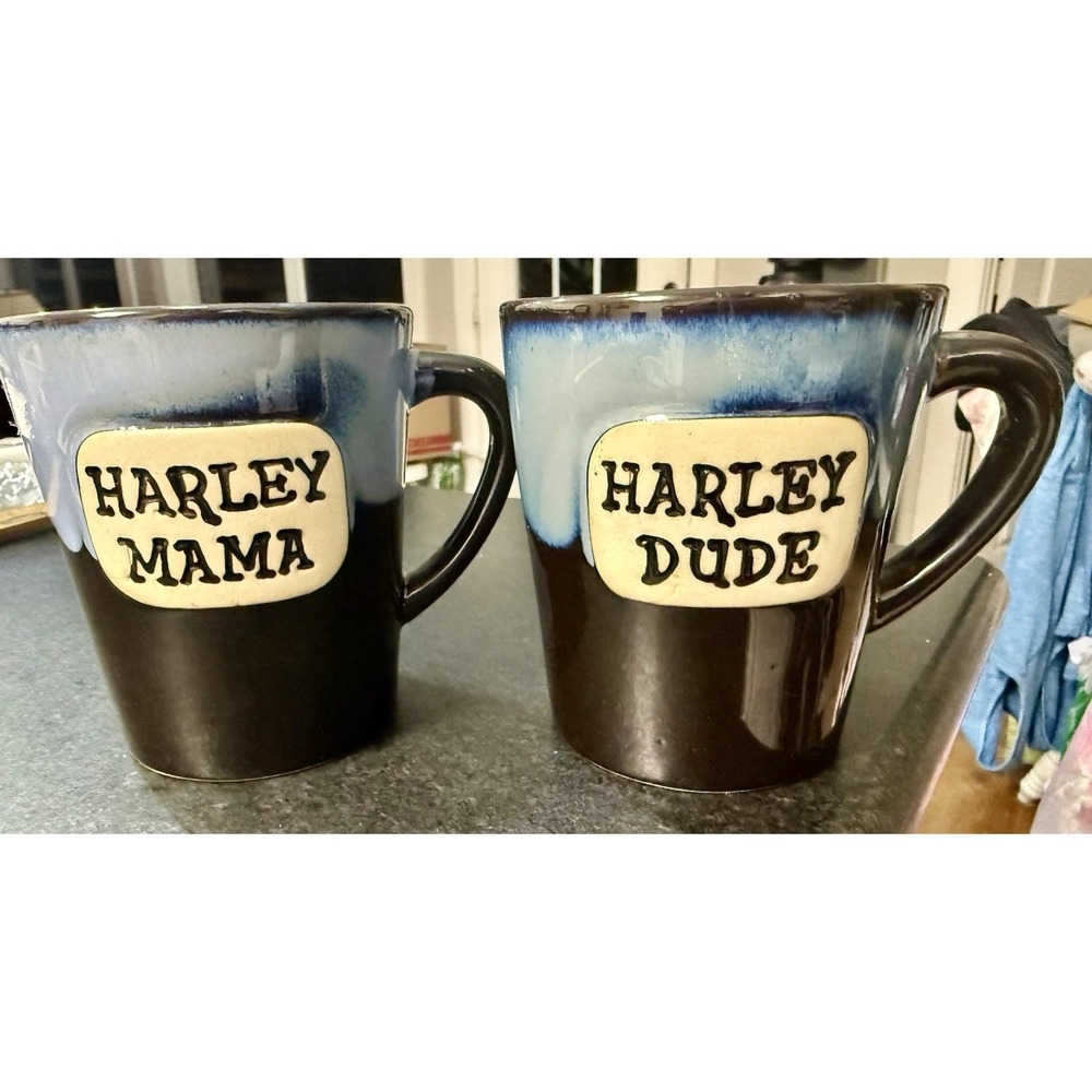 Harley Dude & Harley Mama Ceramic Coffee Mugs By Ganz Blue & Black Gradient EUC